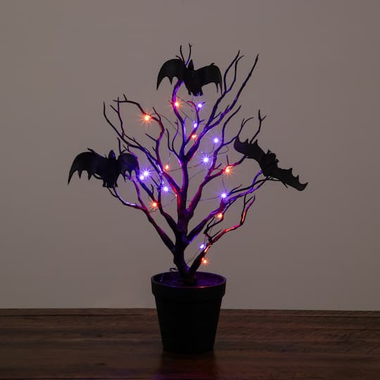 16" Pre-Lit Artificial Halloween Black Spooky Twig Tree with Bats and 20 Orange & Purple LED Lights